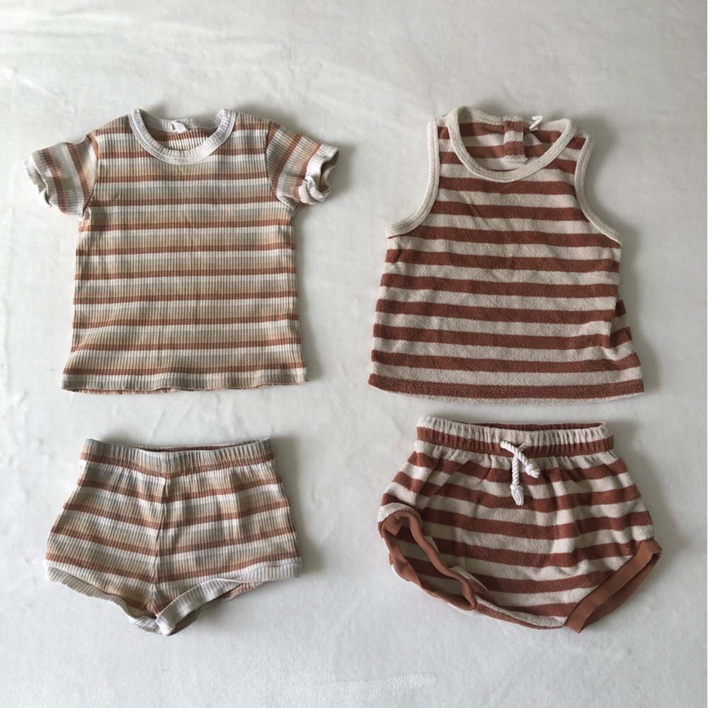 Quincy Mae Kids Matching Set - Cream and Brown Stripes
